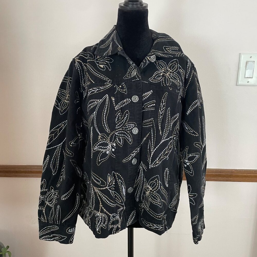 Vintage Studio Works Jacket Embroidered Leaf Statement Black sz 1X Artist Goth